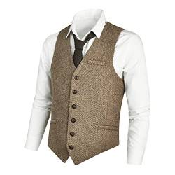 VOBOOM Herren Slim Fit Herringbone Tweed Anzüge Weste Premium Wollmischung Weste, Hellkhaki, X-Large von VOBOOM