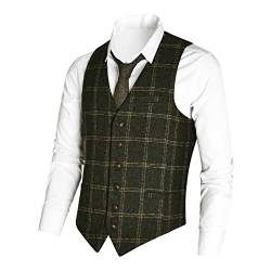 VOBOOM Herren Slim Fit Herringbone Tweed Anzüge Weste Premium Wollmischung Weste, kariert grün, XXX-Large von VOBOOM