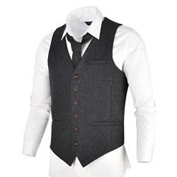 VOBOOM Herren Slim Fit Tweed Anzug Premium Weste aus Wollmischung mit Fischgrätmuster MEHRWEG, L, Dunkelgrau von VOBOOM