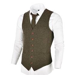 VOBOOM Herren Slim Fit Tweed Anzug Premium Weste aus Wollmischung mit Fischgrätmuster MEHRWEG, S, Khaki von VOBOOM