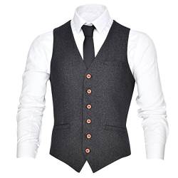 VOBOOM Herren V-Ausschnitt Anzug Weste Casual Slim Fit Kleid 6 Knopf Weste Weste, GRAU, Large von VOBOOM