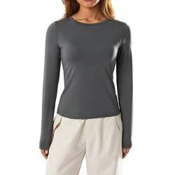 Damen Basic Langarmshirt Skinny Fit T-Shirt Crop Top Oberteile Y2K Einfarbig Cropped Tee Shirts Streetwear (Large, Gray#872) von VOCAOGM