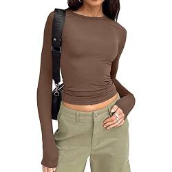 Damen Basic Langarmshirt Skinny Fit T-Shirt Crop Top Oberteile Y2K Einfarbig Cropped Tee Shirts Streetwear (Small, Brown#872) von VOCAOGM