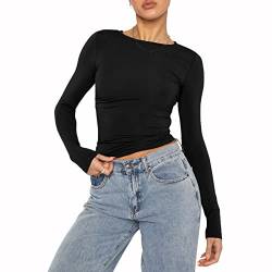 Damen Casual Slim Fit Basic Crop Tops Einfarbig Langarm Rundhals Pullover Enge T-Shirts Streetwear (Black, S) von VOCAOGM