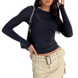 Damen Rundhals Langarm T-Shirt Y2K Sexy Crop Top Bluse Oberteile Slim Fit Basic Casual Longshirt Tops (Black 872A, Large) von VOCAOGM