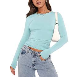 Damen Rundhals Langarm T-Shirt Y2K Sexy Crop Top Bluse Oberteile Slim Fit Basic Casual Longshirt Tops (Blue 872E, Medium) von VOCAOGM
