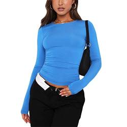 Damen Rundhals Langarm T-Shirt Y2K Sexy Crop Top Bluse Oberteile Slim Fit Basic Casual Longshirt Tops (Blue 872F, Medium) von VOCAOGM