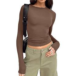 Damen Rundhals Langarm T-Shirt Y2K Sexy Crop Top Bluse Oberteile Slim Fit Basic Casual Longshirt Tops (Brown 872L, Medium) von VOCAOGM