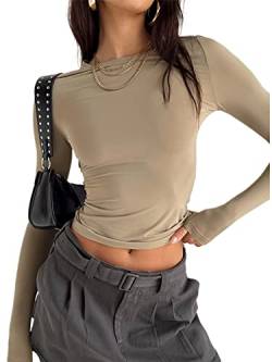 Damen Rundhals Langarm T-Shirt Y2K Sexy Crop Top Bluse Oberteile Slim Fit Basic Casual Longshirt Tops (Coffee 872B, Large) von VOCAOGM
