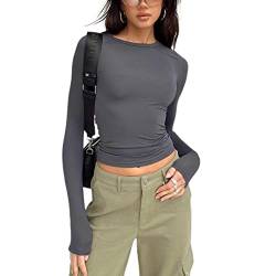Damen Rundhals Langarm T-Shirt Y2K Sexy Crop Top Bluse Oberteile Slim Fit Basic Casual Longshirt Tops (Gray 872D, Large) von VOCAOGM