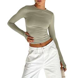 Damen Rundhals Langarm T-Shirt Y2K Sexy Crop Top Bluse Oberteile Slim Fit Basic Casual Longshirt Tops (Green 030A, Small) von VOCAOGM