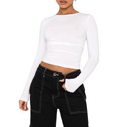 Damen Rundhals Langarm T-Shirt Y2K Sexy Crop Top Bluse Oberteile Slim Fit Basic Casual Longshirt Tops (White 050D, Large) von VOCAOGM