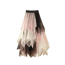 Damen Tüllrock A-Linie elastische Taille Tutu Röcke hoch niedrig asymmetrisch geschichtet Midi Länge Rock (Pink Apricot Black, One Size) von VOCAOGM