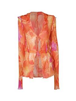 Damen Y2k Button-Down-Hemd Mesh Sheer Durchsichtig Slim Fit Lace Up Crop Tops Cardigan Langarm Sexy Bluse (Orange, L) von VOCAOGM