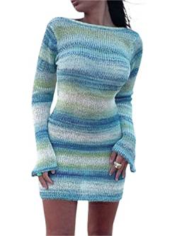 Damen rückenfreies Strickminikleid Häkelstrick Hollow Out Bodycon Kurzes Kleid Beach Clubwear E-Girl Streetwear (Blau, M) von VOCAOGM