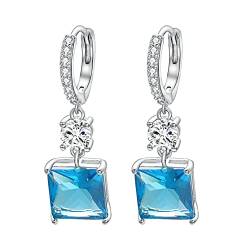 Vogem Blau Zirkonia Ohrringe für Damen Huggie Creolen mit Quadratischem Funkelnden Kristall Hypoallergener Schmuck von VOGEM