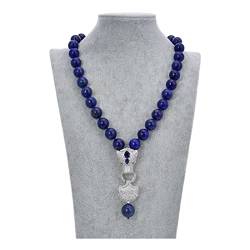 VOGGWBMQ Schmuck Natürlicher 14MM blauer glatter runder Lapislazuli-Halsketten-Pave-Anhänger 19 Zoll for Frauen erfüllen von VOGGWBMQ