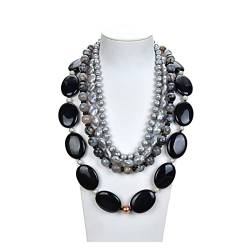 VOGGWBMQ Schmuck Natural Grey Keshi Round Pearl Achates Black Crystal Halskette for Frauen erfüllen von VOGGWBMQ