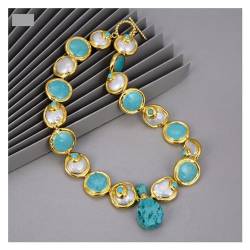 VOGGWBMQ Schmuck natürliche kultivierte barocke Münze Perle Goldfarbe plattiert blau Türkise Halskette Armband Ohrringe Sets for Frauen (Color : Necklace) von VOGGWBMQ