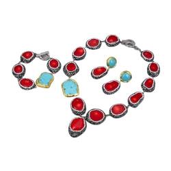 VOGGWBMQ Sets mit roten, korallenbesetzten Pavé-CZ-Markasiten, blauen Türkisen, vergoldeten Nugget-Halsketten, Armbändern und Ohrringen (Color : Sets) von VOGGWBMQ