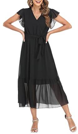 Damen Casual Midi Kleid Blumenwickel V-Ausschnitt Chiffon Kleider A-Linie Plissiertes Kleid mit Gürtel von VOGMATE