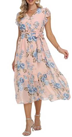 Damen Casual Midi Kleid Blumenwickel V-Ausschnitt Chiffon Kleider A-Linie Plissiertes Kleid mit Gürtel von VOGMATE