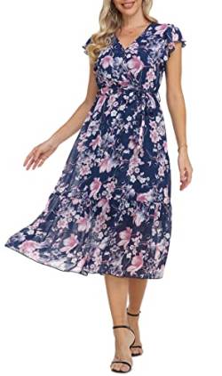 Damen Casual Midi Kleid Blumenwickel V-Ausschnitt Chiffon Kleider A-Linie Plissiertes Kleid mit Gürtel von VOGMATE