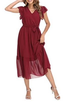 Damen Casual Midi Kleid Blumenwickel V-Ausschnitt Chiffon Kleider A-Linie Plissiertes Kleid mit Gürtel von VOGMATE