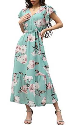 Damen Casual Midi Kleid Blumenwickel V-Ausschnitt Chiffon Kleider A-Linie Plissiertes Kleid mit Gürtel von VOGMATE