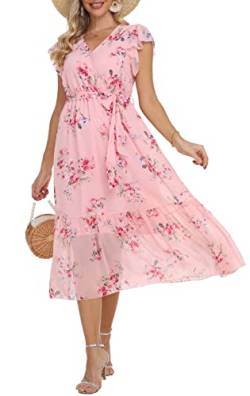 Damen Casual Midi Kleid Blumenwickel V-Ausschnitt Chiffon Kleider A-Linie Plissiertes Kleid mit Gürtel von VOGMATE