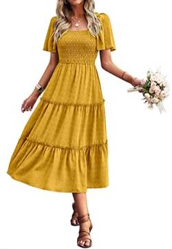 Damen Smocked Midi Kleid Kurzarm U-Ausschnitt Sommerkleid A-Linie Maxikleid Cocktail Gelb L von VOGMATE