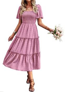 Damen Smocked Midi Kleid Kurzarm U-Ausschnitt Sommerkleid A-Linie Maxikleid Cocktail Rosa Lila M von VOGMATE