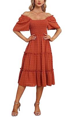 Damen Smocked Midi Kleid Kurzarm U-Ausschnitt Sommerkleid A-Linie Maxikleid Cocktail Strandkleid Schokoladenbraun M von VOGMATE