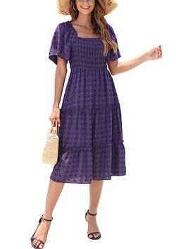 Damen Smocked Midi Kleid Kurzarm U-Ausschnitt Sommerkleid A-Linie Maxikleid Cocktail Strandkleid Tiefes Lila L von VOGMATE