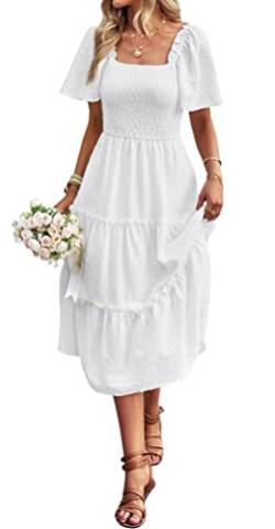 Damen Smocked Midi Kleid Kurzarm U-Ausschnitt Sommerkleid A-Linie Maxikleid Cocktail Weiß L von VOGMATE