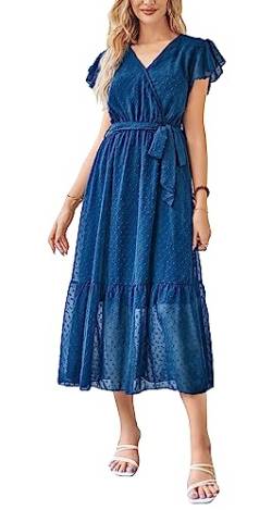 Damen Sommer Freizeitkleid Midikleid Kurzarm Wickelkleider V-Ausschnitt Elegantes A-Linie Strandkleid Marineblau L von VOGMATE