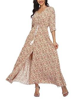 Damen Sommerkleid A Line V-Ausschnitt Standkleid Boho Blumenkleid 3/4 Ärmel Hohe Taille Partykleid Lange Freizeitkleid Beige S von VOGMATE