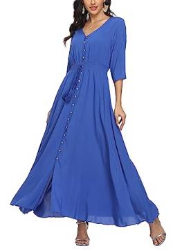 Damen Sommerkleid A Line V-Ausschnitt Standkleid Boho Blumenkleid 3/4 Ärmel Hohe Taille Partykleid Lange Freizeitkleid Blau M von VOGMATE