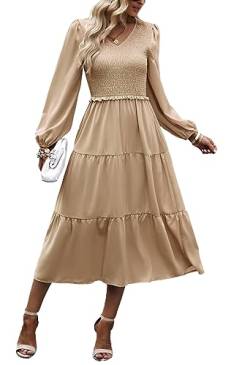 Kleid Damen Elegant Langarm Herbst A Linie Smocked Kleid Cocktailkleid Winter Kleider Party Dress Aprikosenfarbe XL von VOGMATE