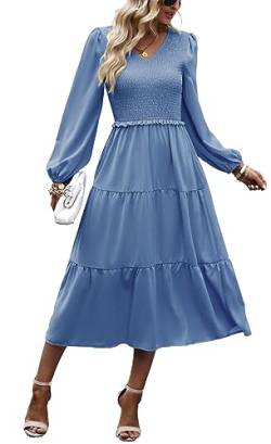 Kleid Damen Elegant Langarm Herbst A Linie Smocked Kleid Cocktailkleid Winter Kleider Party Dress Blau M von VOGMATE