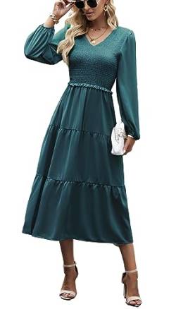 Kleid Damen Elegant Langarm Herbst A Linie Smocked Kleid Cocktailkleid Winter Kleider Party Dress Blaugrün XL von VOGMATE