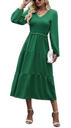 Kleid Damen Elegant Langarm Herbst A Linie Smocked Kleid Cocktailkleid Winter Kleider Party Dress Grün L von VOGMATE