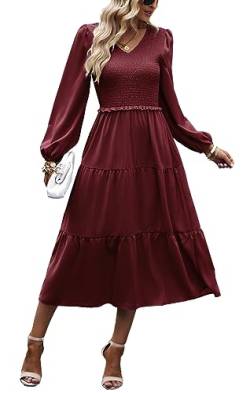 Kleid Damen Elegant Langarm Herbst A Linie Smocked Kleid Cocktailkleid Winter Kleider Party Dress Rotes XL von VOGMATE