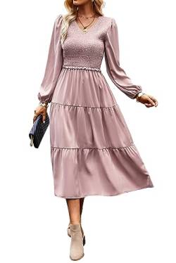 Kleid Damen Elegant Langarm Herbst A Linie Smocked Kleid Cocktailkleid Winter Kleider Party Dress Violett L von VOGMATE