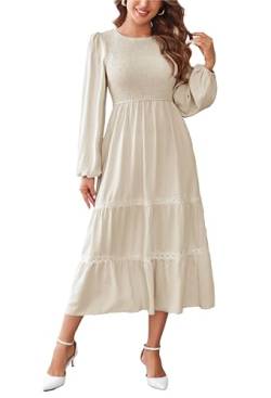 Kleid Damen Langarm Elegant A Linie Maxikleid Boho Kleider Lang Casual Dress Wickelkleid Beige XL von VOGMATE