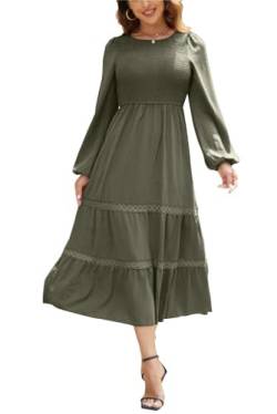 Kleid Damen Langarm Elegant A Linie Maxikleid Boho Kleider Lang Casual Dress Wickelkleid Olive XL von VOGMATE