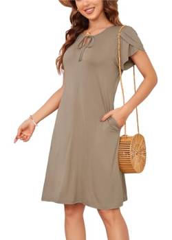 Sommerkleid Damen Knielang A-Linie Kleider T Shirt Kleid A-Linien Swingkleid Loose Jersey Dresses Khaki XL von VOGMATE