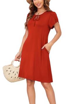 Sommerkleid Damen Knielang A-Linie Kleider T Shirt Kleid A-Linien Swingkleid Loose Jersey Dresses Rot XL von VOGMATE