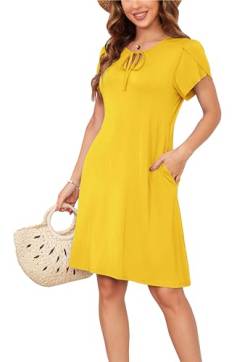 Sommerkleid Damen Knielang A-Linie Kleider T Shirt Kleid Elegant Strandkleid Swingkleid Loose Jersey Dresses Gelb XL von VOGMATE