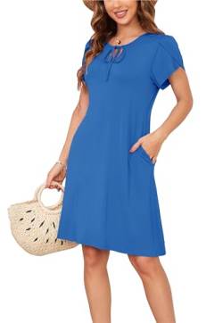 Sommerkleid Damen Knielang A-Linie Kleider T Shirt Kleid Elegant Strandkleid Swingkleid Loose Jersey Dresses Königliches Blau S von VOGMATE